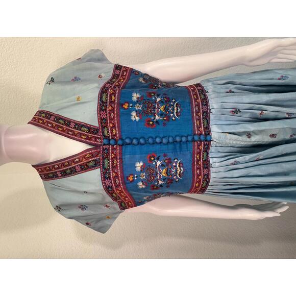 Vtg 1970s Sz M Silk Embroidered Gibson Bayh Pleated Folk Bohemian Peasant Dress - Picture 2 of 8
